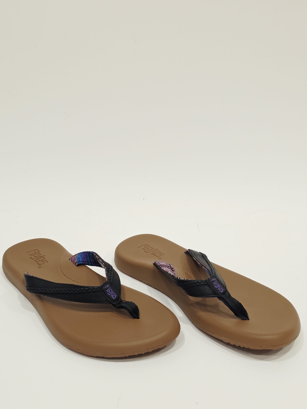 Flojos Women's Brown Footbed Flip Flops with Black Straps and Purple Accent
